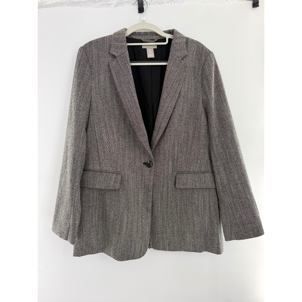 H&M Womens Herringbone Blazer Jacket Single Button Tweed Style Grey Black Size M